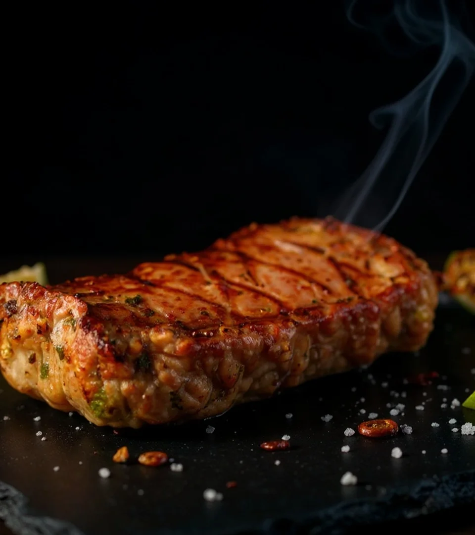 Arrachera de cerdo premium a la parrilla sobre pizarra negra