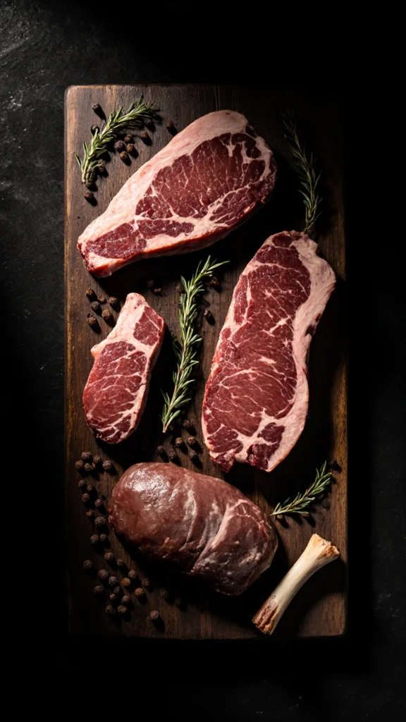 Cortes premium de res: ribeye, arrachera, bistec, chamorro