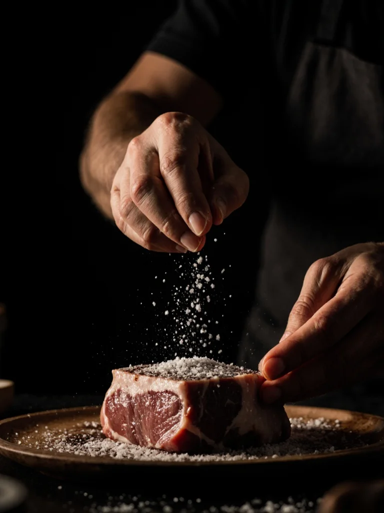Manos sazonando carne fresca